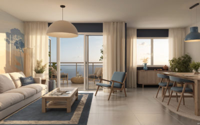 vue 3D intérieure d'un salon avec vue sur mer